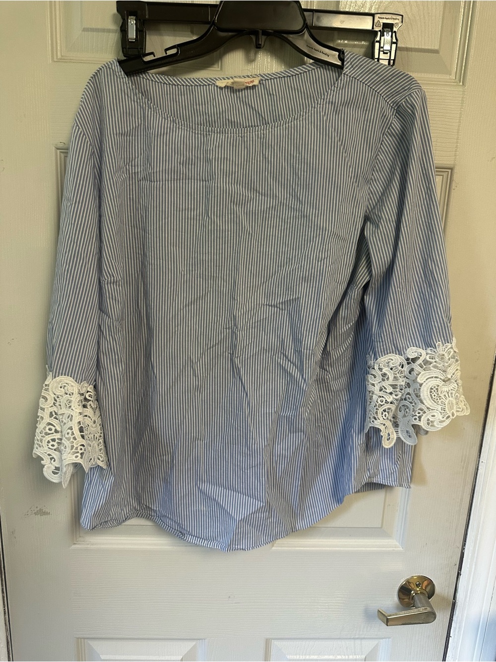 grand & greene Light Blue Pinstripe Blouse with White Lace Cuffs